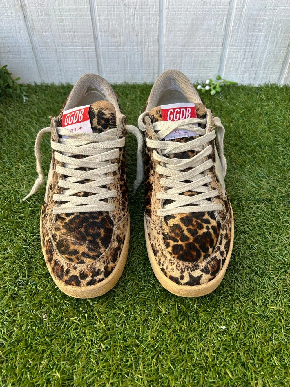 GOLDEN GOOSE Ball Star Leopard Calf Hair Sneakers - Leopard/ Ice/ Red $735 Sz 6